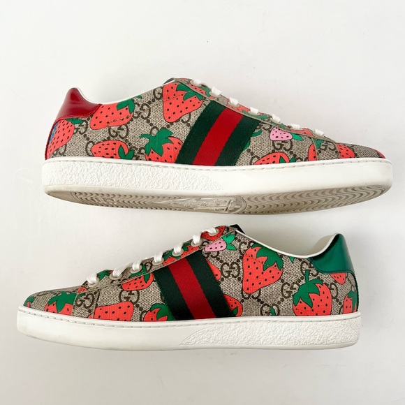 GUCCI || Ace Strawberry GG Supreme Monogram Web Striped Sneakers US 8 EU 38 - Picture 7 of 16